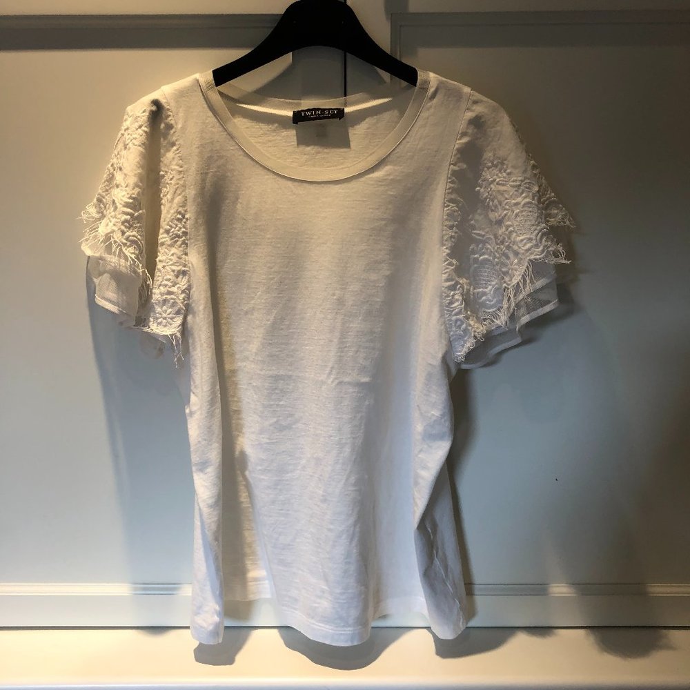 Twin Set T with Lace Sleeves and Mesh Trim